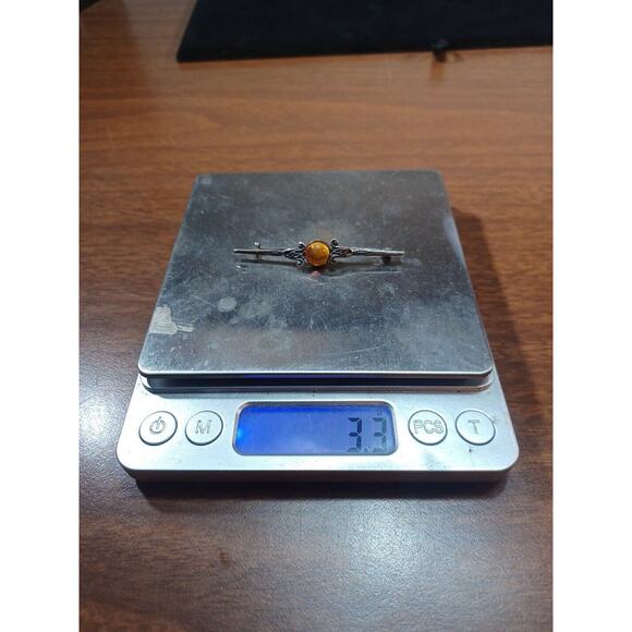 VINTAGE .800 SILVER BROOCH AMBER STONE 3.3 GRAMS - Picture 8 of 8